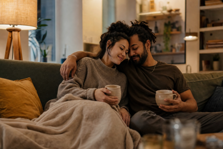 5 Minute Foreplay: 11 Smart, Gentle Ways to Build Connection Fast 17 5 minute foreplay shown through two adults reconnecting on a sofa with tea and warm evening light