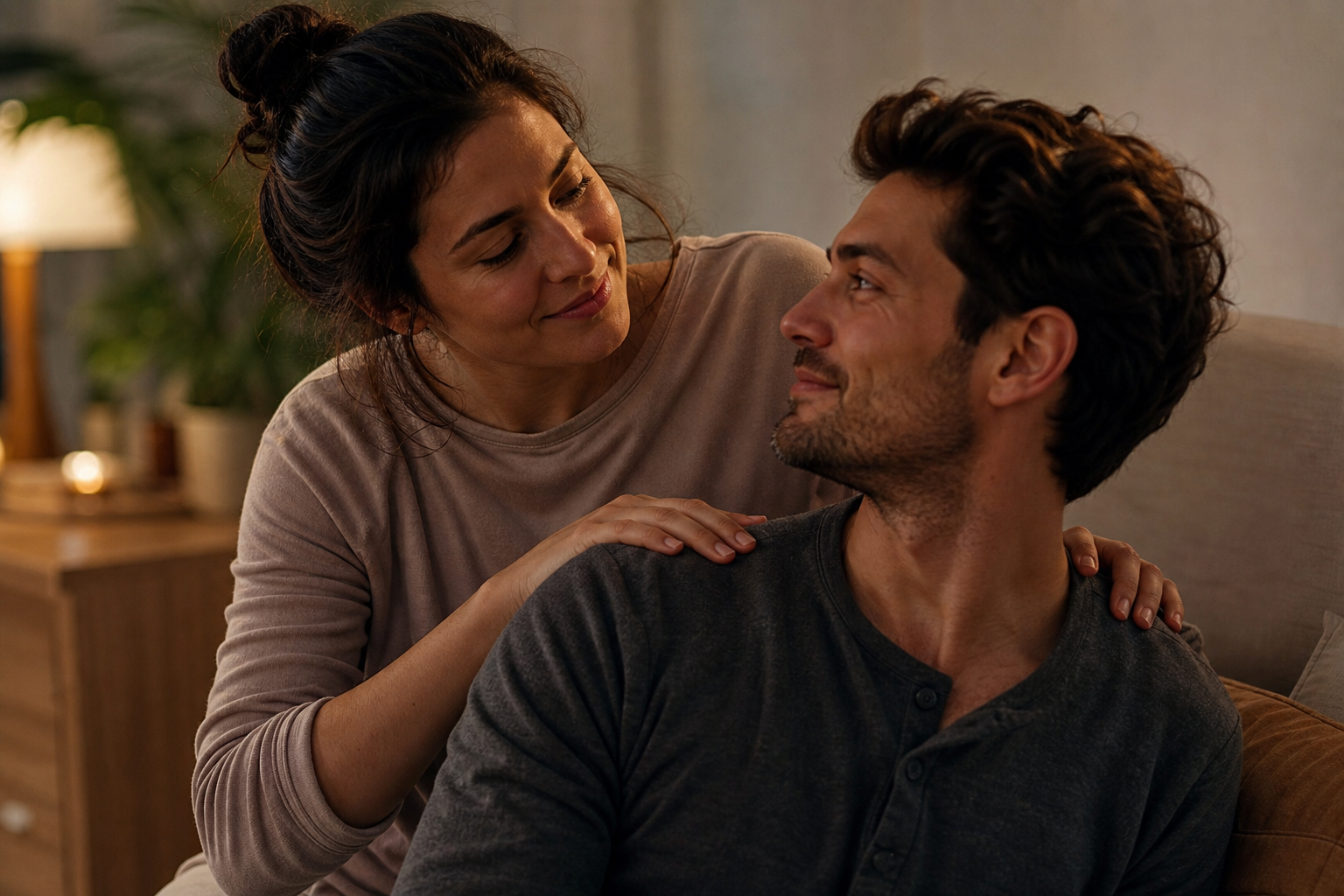 5 minute foreplay practiced through a quick shoulder massage and close conversation in warm home lighting