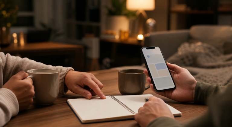 AI Date Night Ideas: 17 Smart Prompts for Couples 22 AI date night ideas planning setup with a phone, notebook, and two mugs