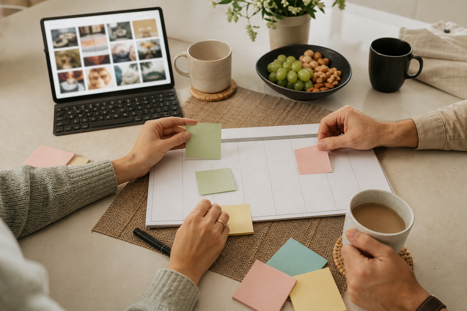 AI date night ideas organized with a blank planner, sticky notes, snacks, and a tablet