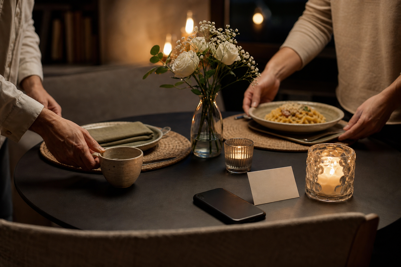AI date night ideas result with a cozy dinner table, candles, flowers, and a phone set aside