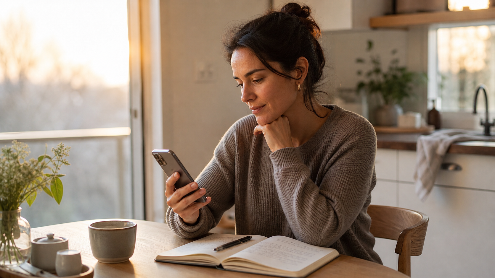 AI Intimacy Coach: 7 Smart Boundaries for Safer Relationship Support 2 AI intimacy coach guidance viewed privately on a phone at a calm kitchen table