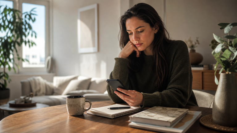 AI relationship advice being used to draft a thoughtful message in a calm home setting