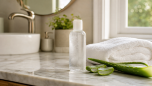 Aloe Cadabra flavored personal lubricant on a clean spa-like vanity