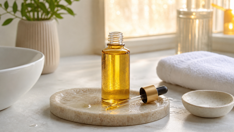 Bio-Oil skincare body oil on a calm vanity tray