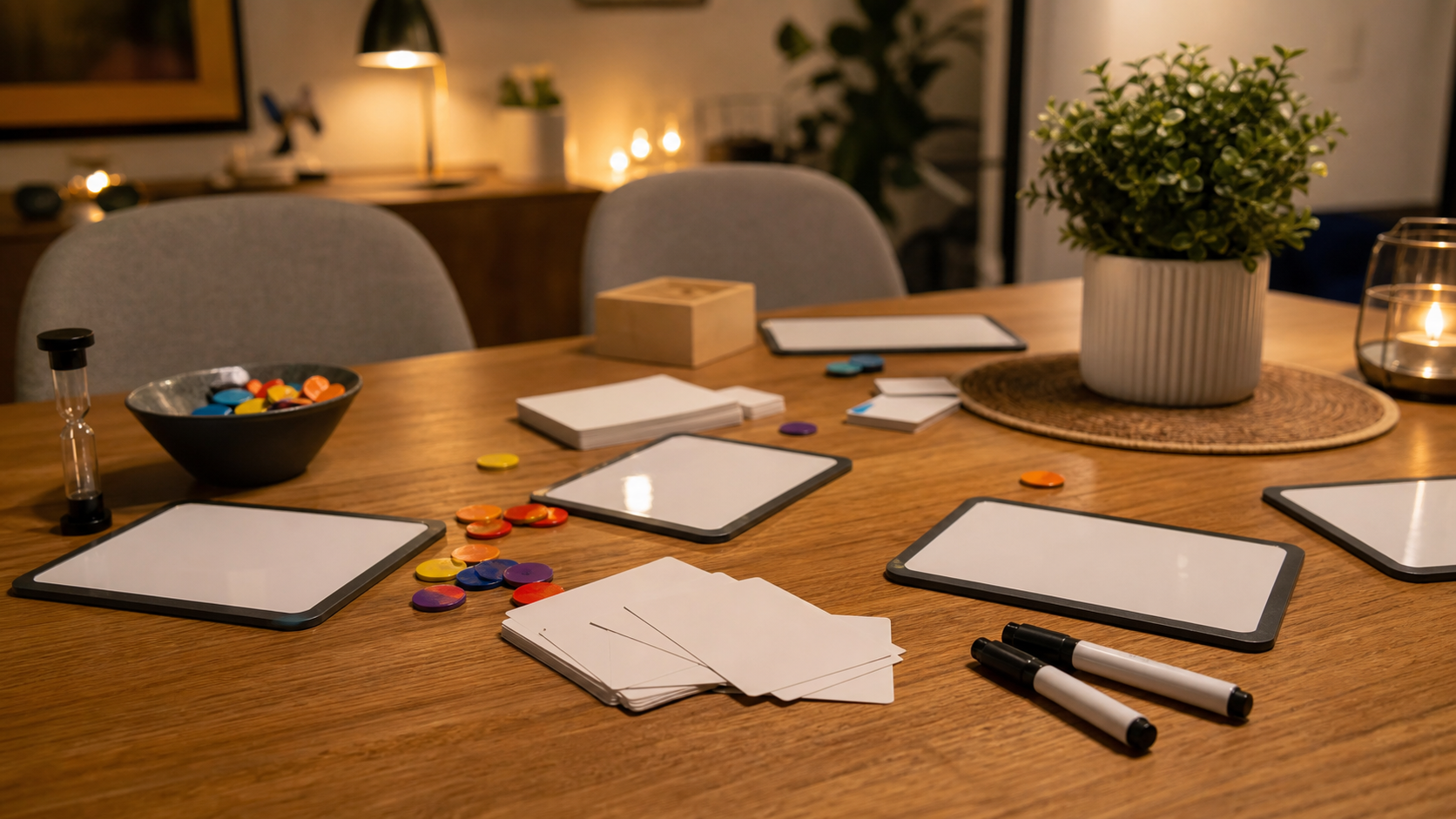 Blank Slate game: 9 Honest Connection Wins 1 Blank Slate game set up on a cozy table with blank slates and cue cards