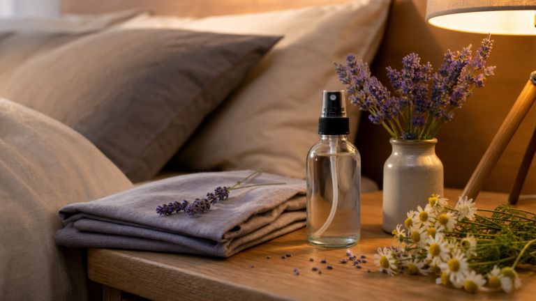 Dr Teal's Sleep Spray on a calm bedside table