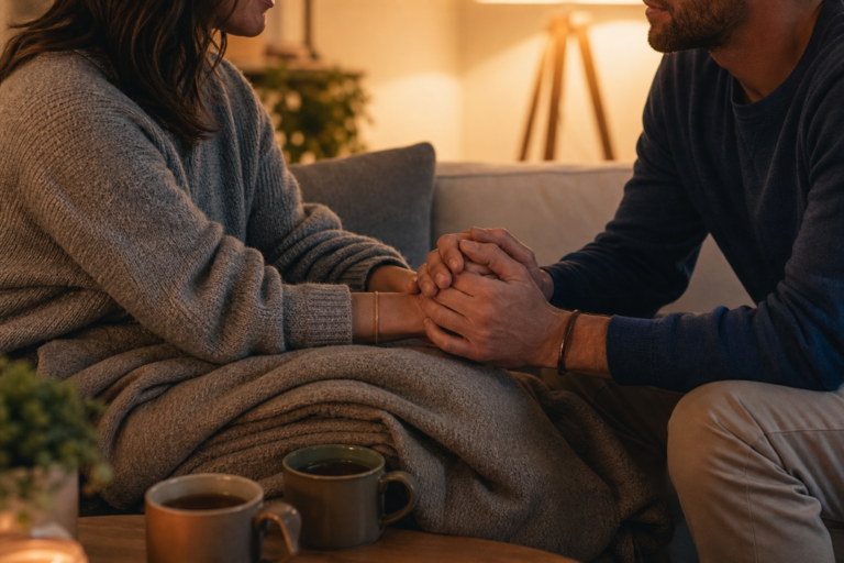 Emotional Foreplay: 11 Smart, Gentle Ways to Build Desire 20 Emotional foreplay shown through a couple relaxing together with tea in soft evening light