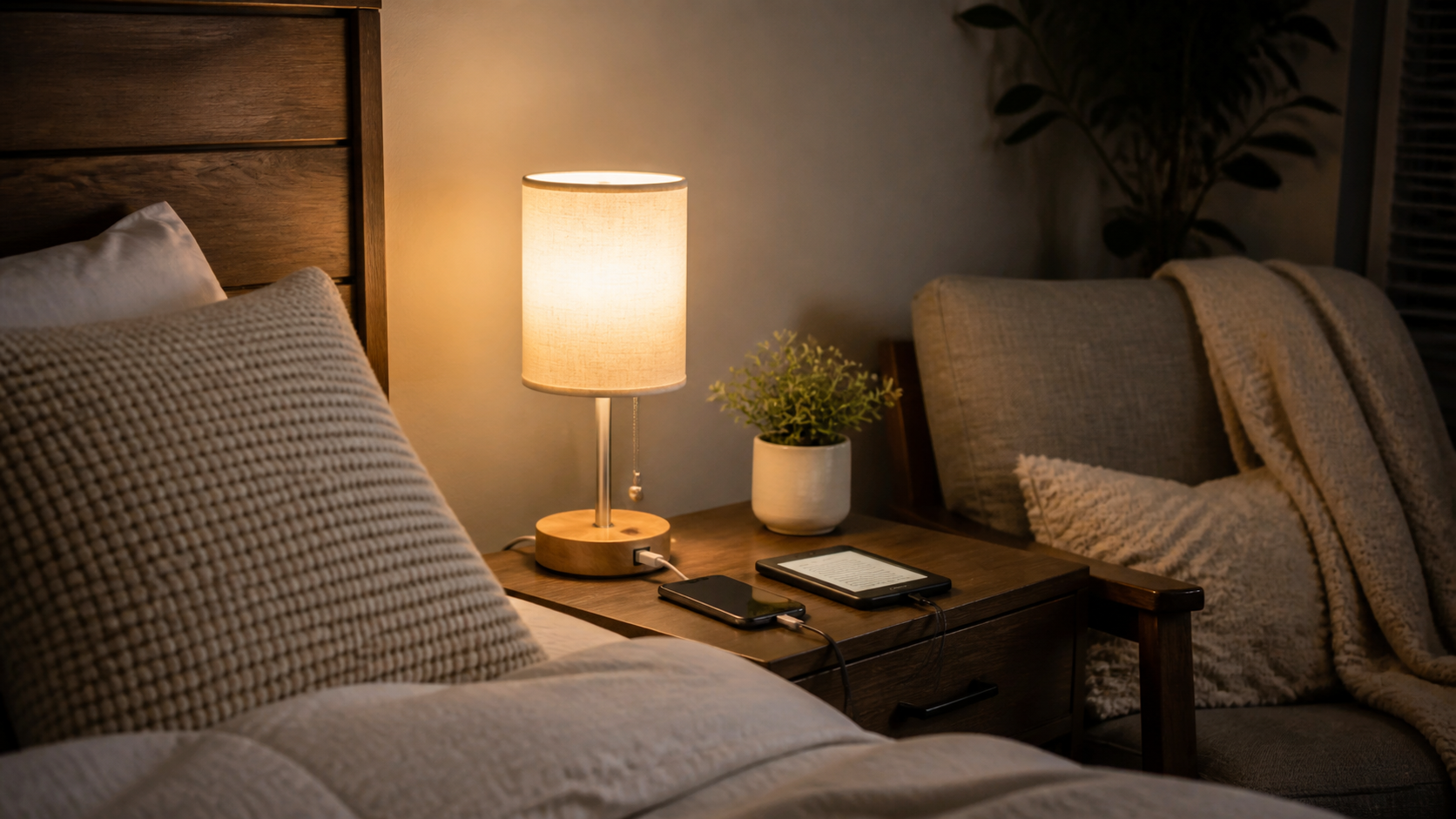 Fenmzee Bedside Table Lamp in a cozy evening reading corner