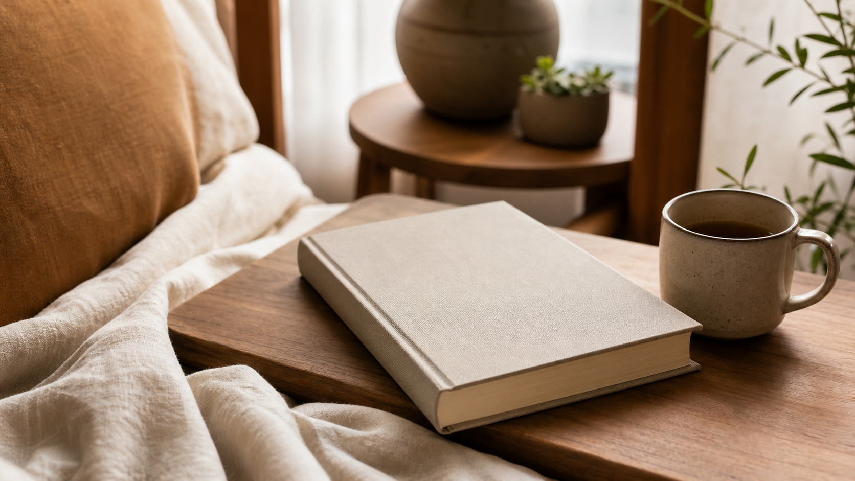 For Men Only on a calm bedside table beside a mug and soft linen