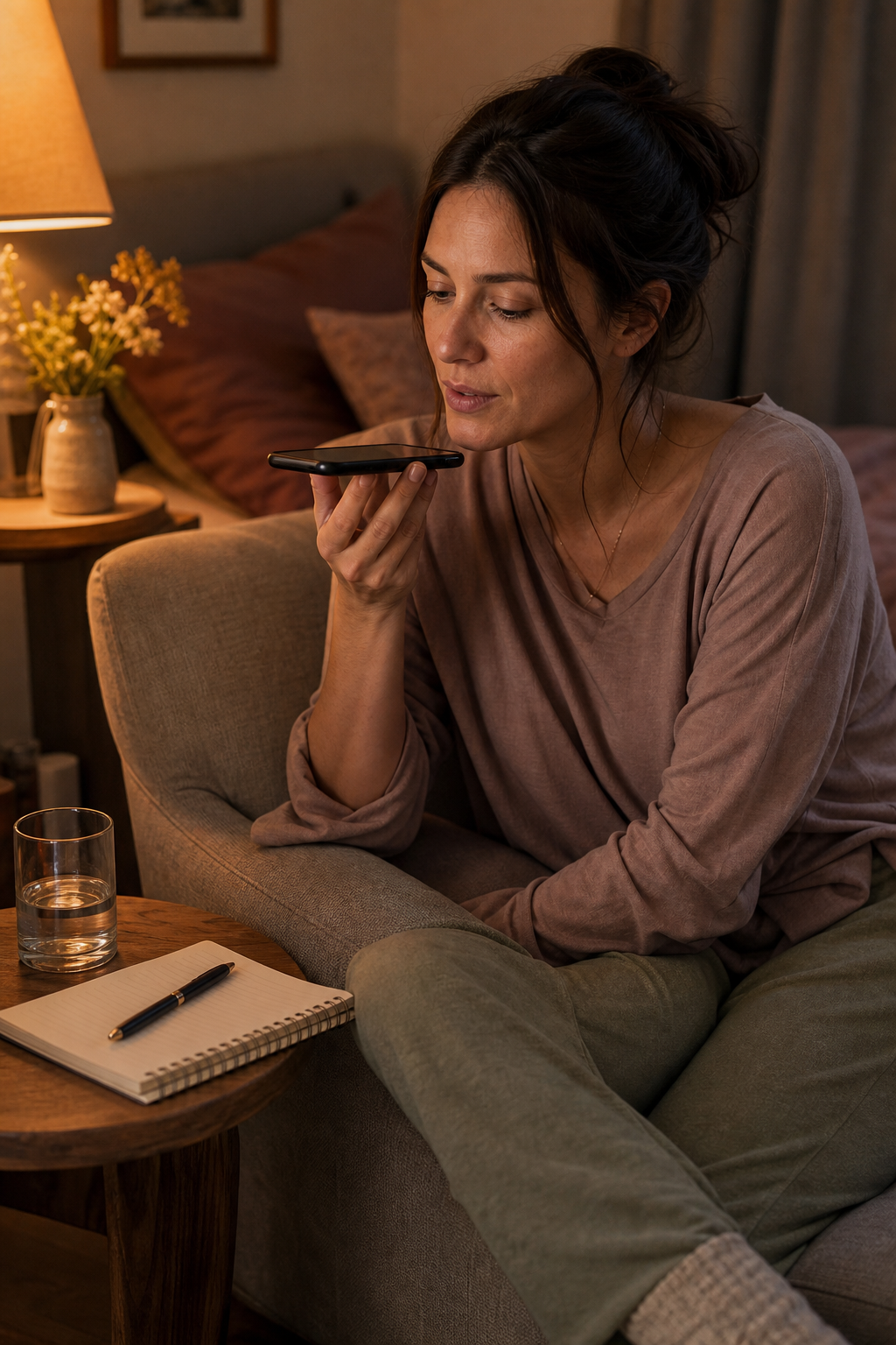 Romantic Voice Notes: 13 Smart, Gentle Scripts to Build Closeness 3 romantic voice notes being recorded as a thoughtful relationship ritual at home