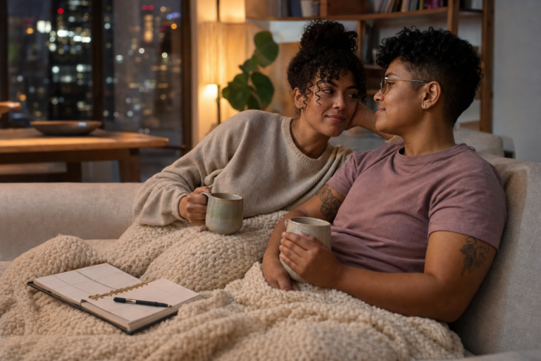 Intentional Intimacy: 9 Practical, Gentle Ways to Feel Closer 18 Intentional intimacy shown through two adults relaxing together with tea, a blanket, and a shared weekly planner