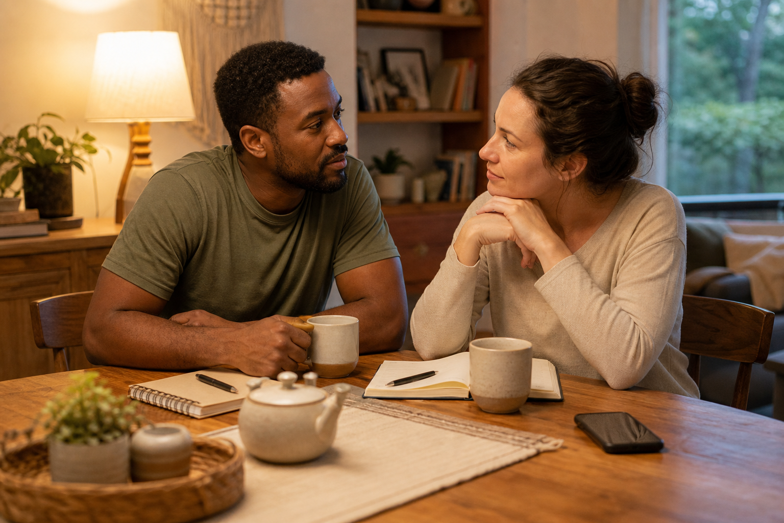 Intentional intimacy check in ritual Intentional intimacy practiced through a calm couple check in with tea, notes, and warm evening light