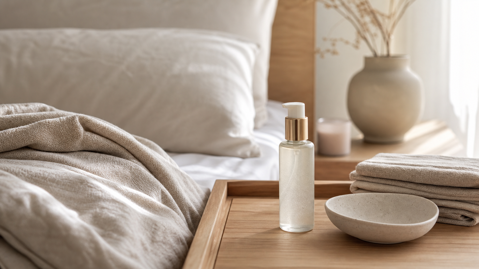 K-Y Silicone Lube on a calm bedside tray with soft neutral lighting