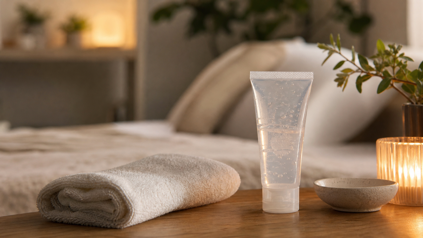 K-Y Warming Jelly lube in a serene spa-style bedroom setting