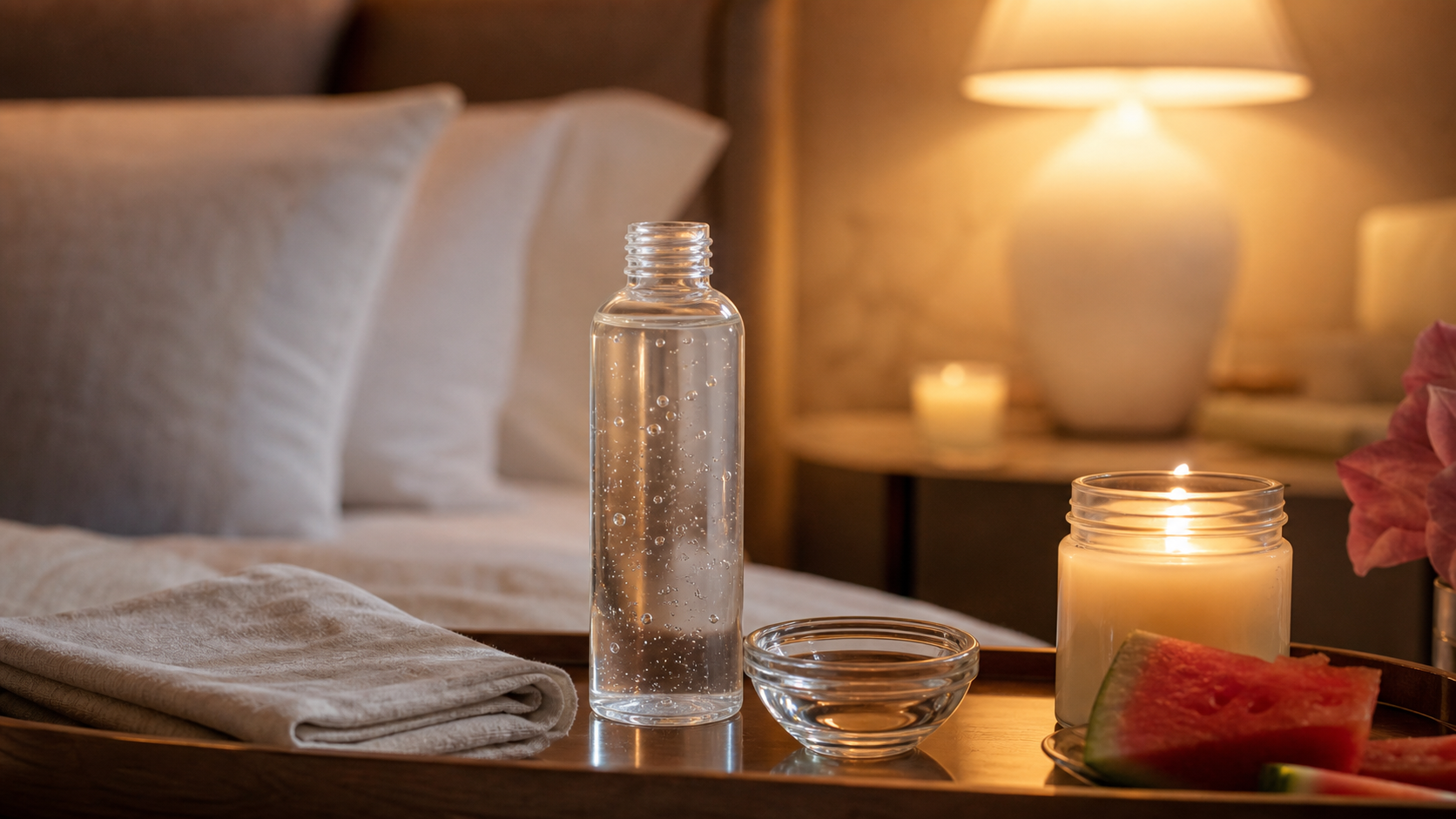 LubeLife Watermelon flavored lubricant on a bedside tray with a discreet wellness mood