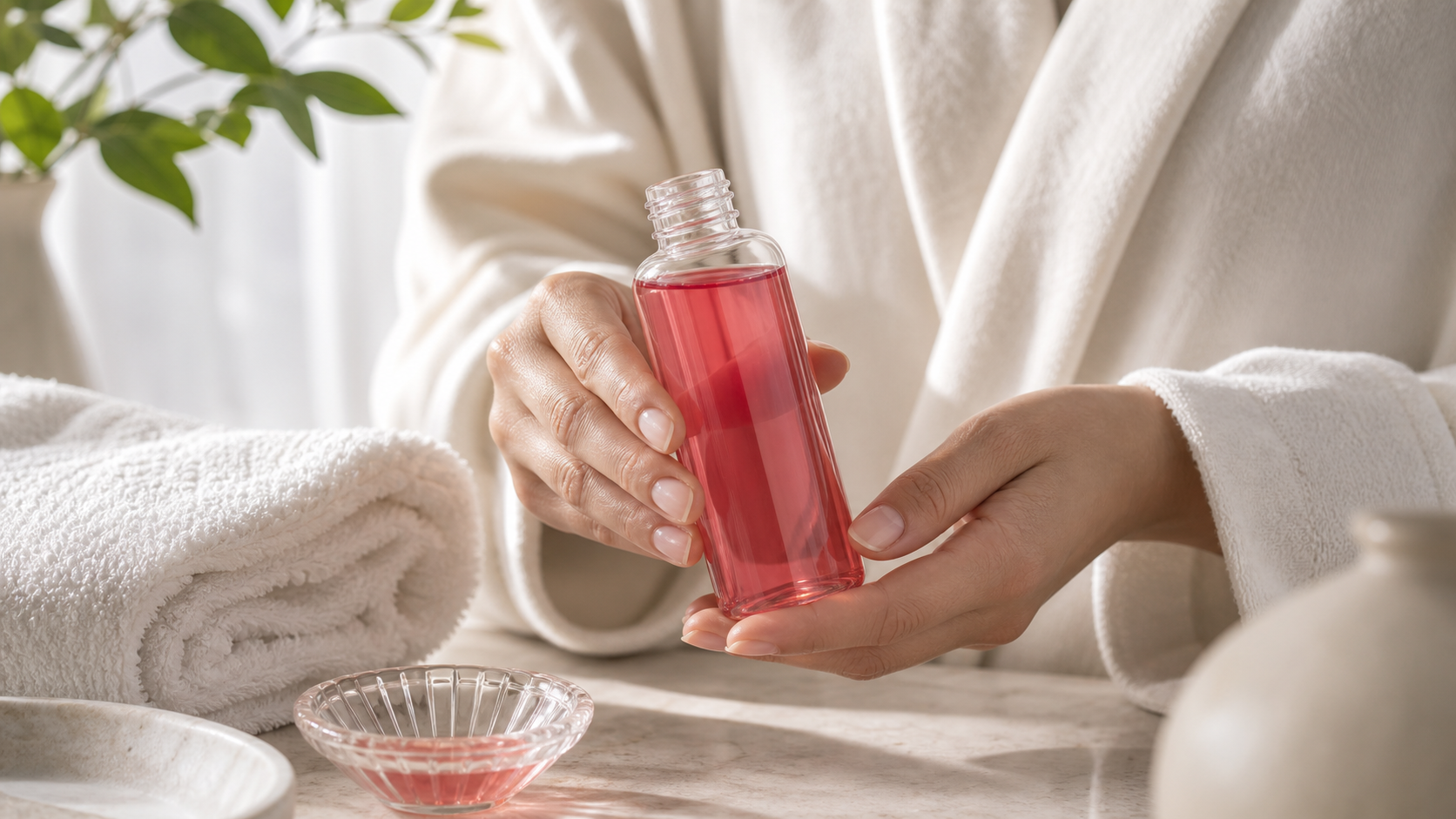 LubeLife Watermelon flavored lubricant held gently beside a folded towel and glass dish