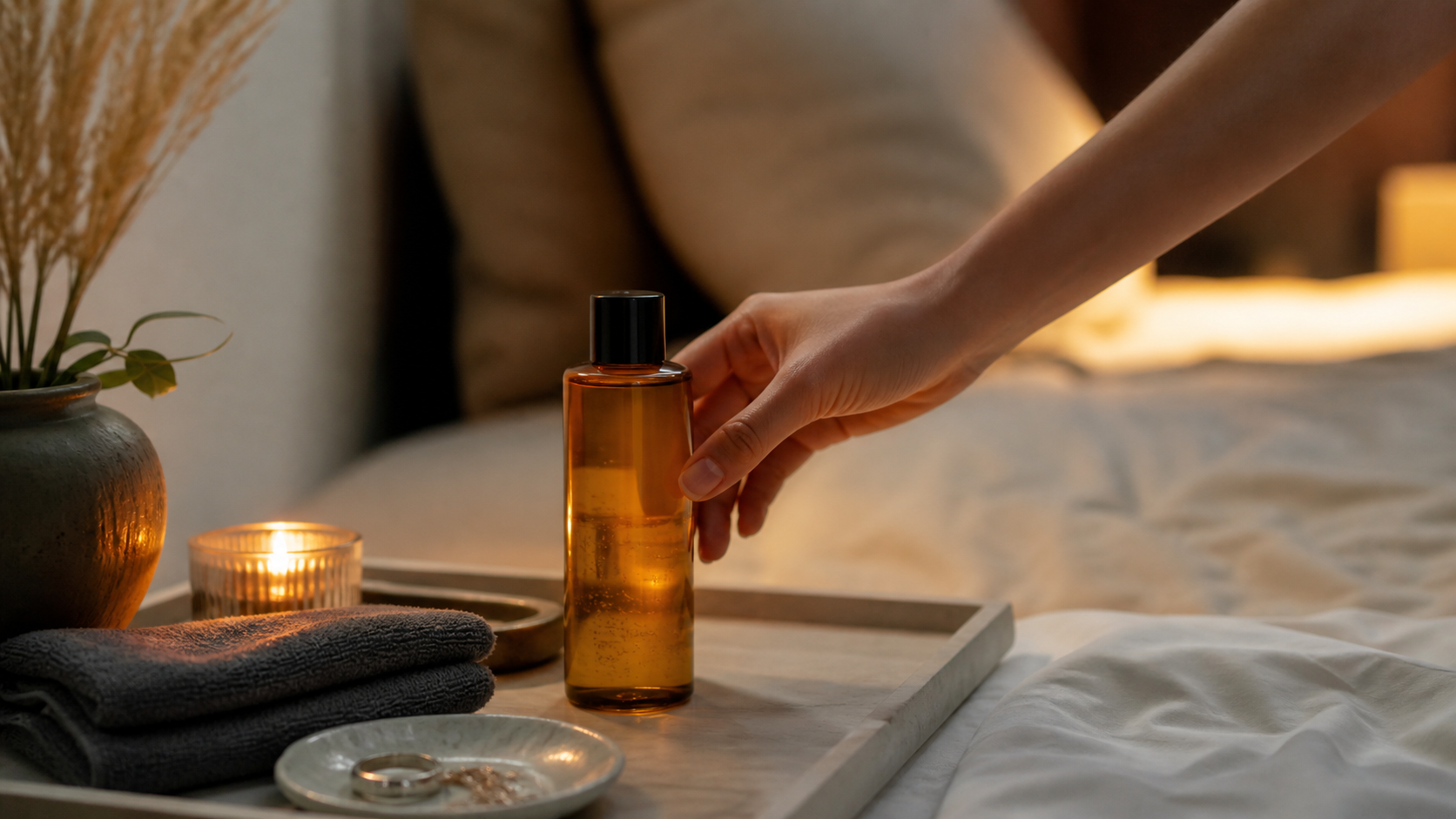 Neutrogena body oil review beside a folded towel in soft evening light