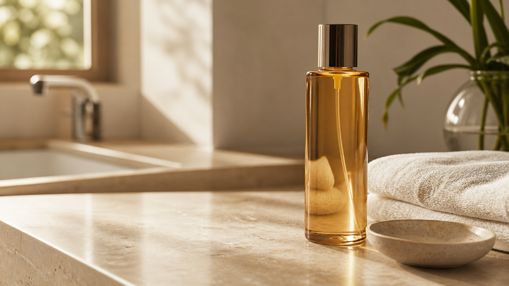 Neutrogena body oil review on a clean stone vanity with a folded white towel