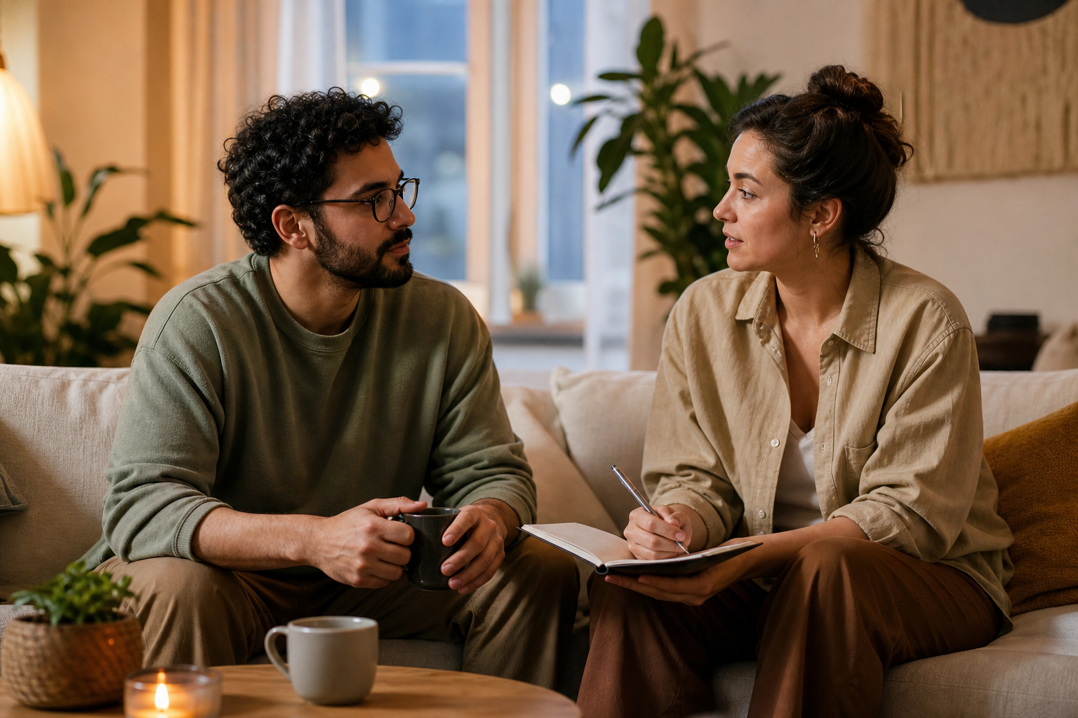 Relationship check in questions weekly check-in setup Relationship check in questions discussed by a couple with tea and a notebook at home