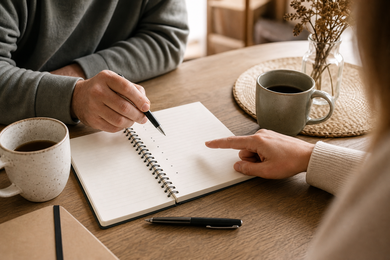 Relationship check in questions notebook template Relationship check in questions outlined in a notebook with pens and mugs on a tidy table