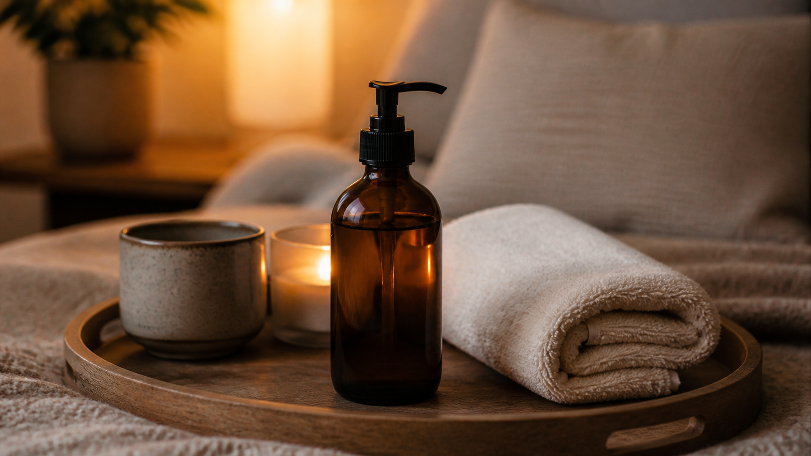 Sensual Massage Oil for Couples: 7 Smart Calm Wins (Honest Review) 2 Sensual Massage Oil for Couples on a bedside tray with a folded towel in warm light
