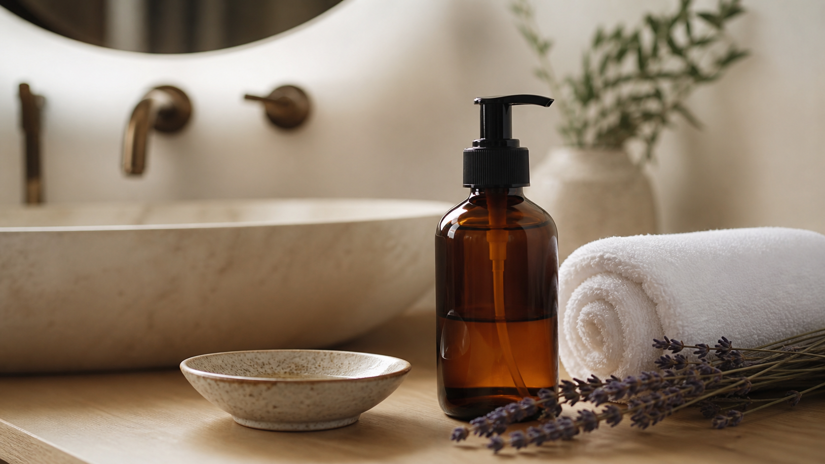 Sensual Massage Oil for Couples: 7 Smart Calm Wins (Honest Review) 1 Sensual Massage Oil for Couples on a clean spa-like vanity beside a rolled towel