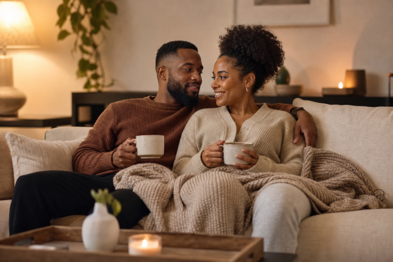 Soft Life Intimacy: 9 Smart, Gentle Ways to Feel Closer 19 Soft life intimacy shown through two adults relaxing together on a sofa with tea and soft evening light