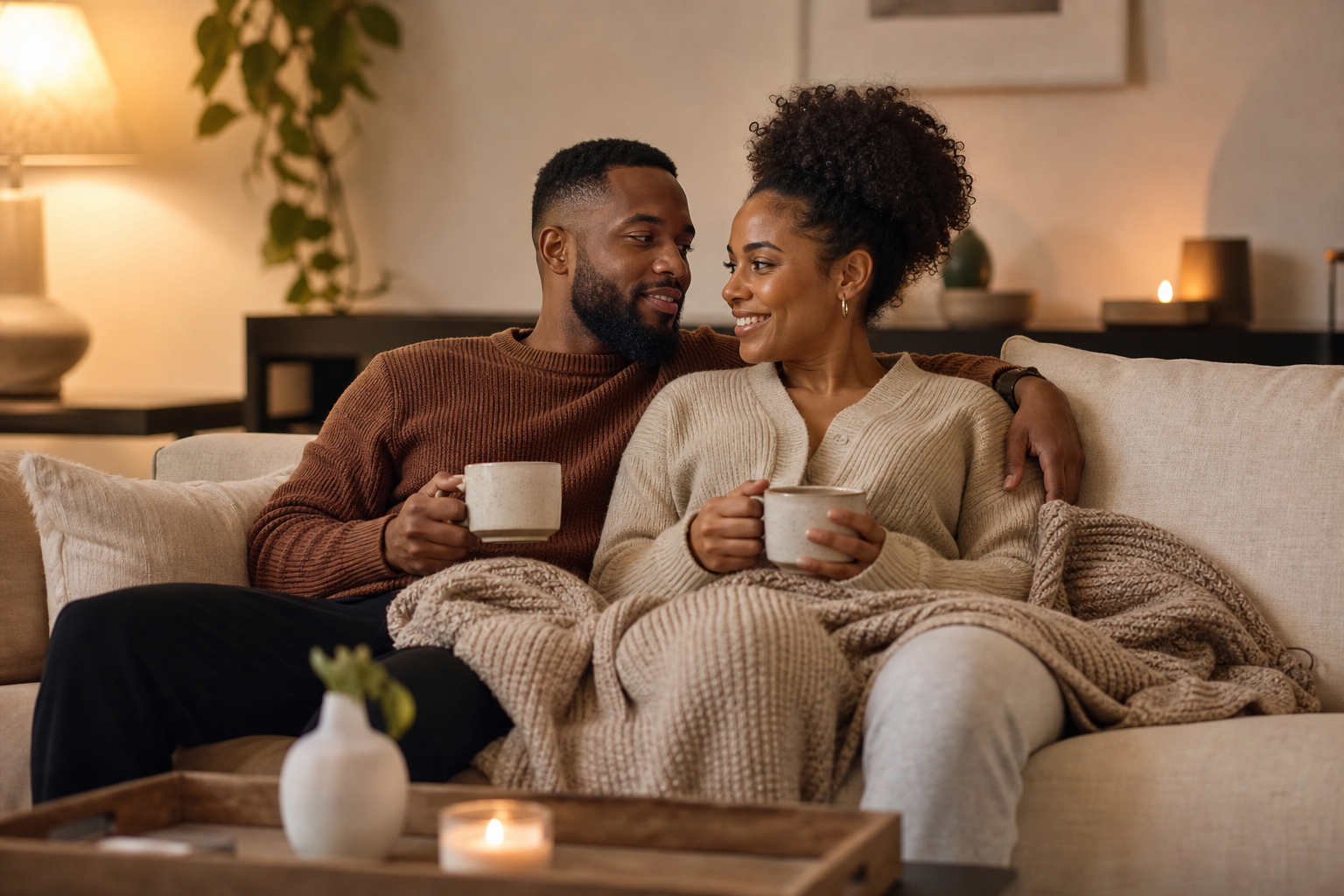 Soft life intimacy cozy evening Soft life intimacy shown through two adults relaxing together on a sofa with tea and soft evening light