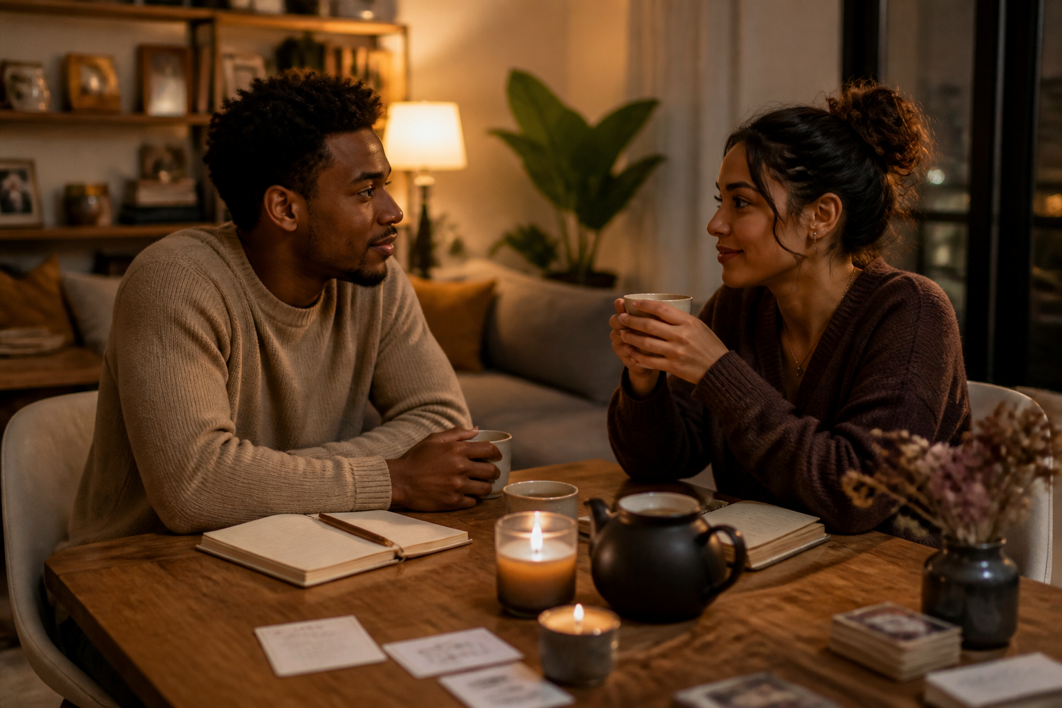 Soft life intimacy daily ritual Soft life intimacy practiced through a gentle conversation ritual with tea, notes, and warm lighting