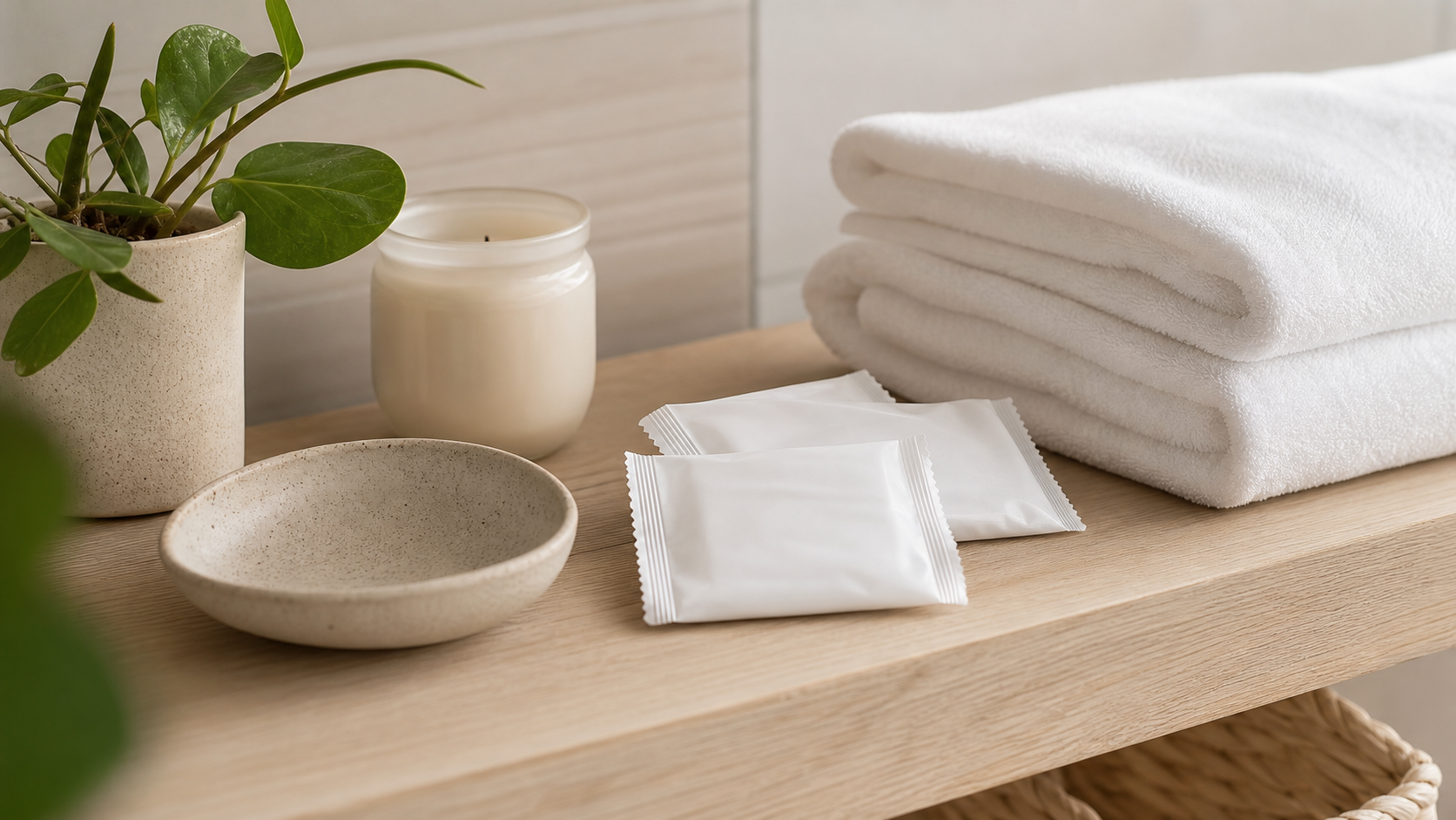 Summer's Eve Feminine Wipes beside folded towels in a calm bathroom setting