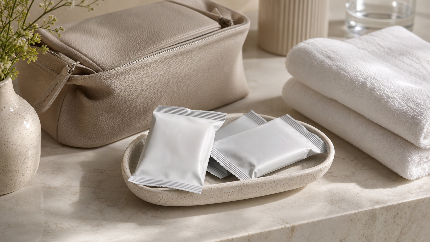 Summer's Eve Feminine Wipes in a clean travel-ready wellness scene