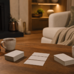 Tell Me Without Telling Me adult card game on a tidy coffee table with warm lighting