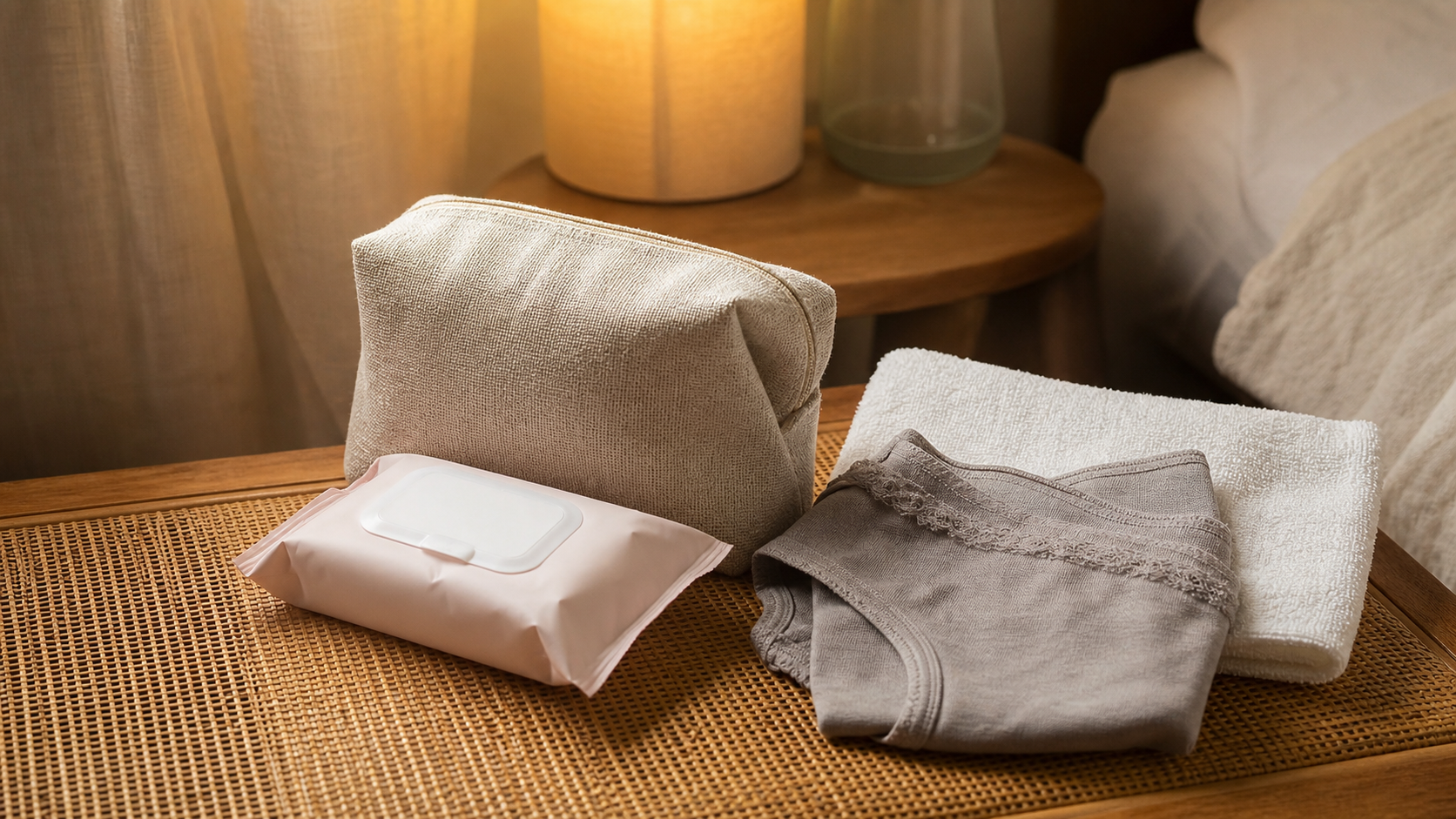 Vagisil Anti-Itch Wipes beside a pouch and towel in warm light