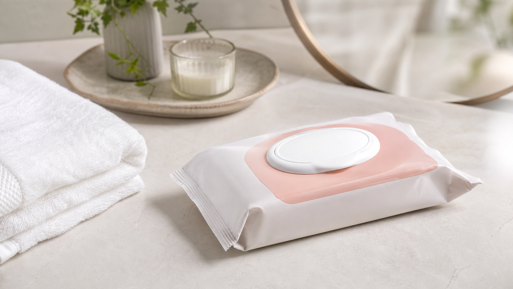 Vagisil Anti-Itch Wipes on a clean vanity beside a folded towel