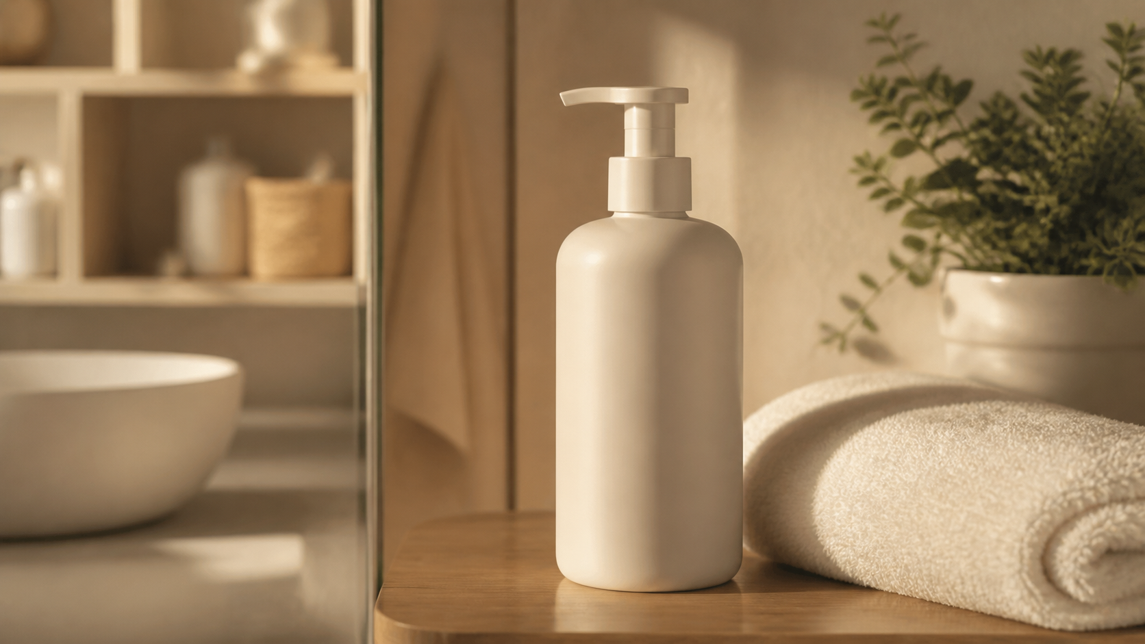Vagisil Feminine Wash Coconut Hibiscus on a bathroom shelf with folded towel in warm light
