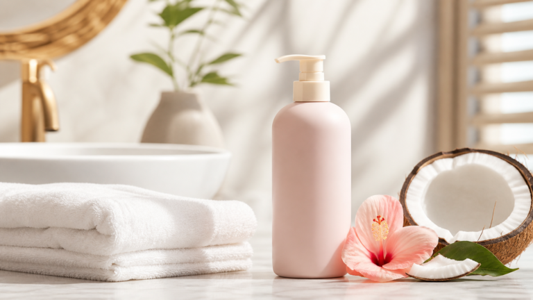 Vagisil Feminine Wash Coconut Hibiscus on a clean spa-like vanity