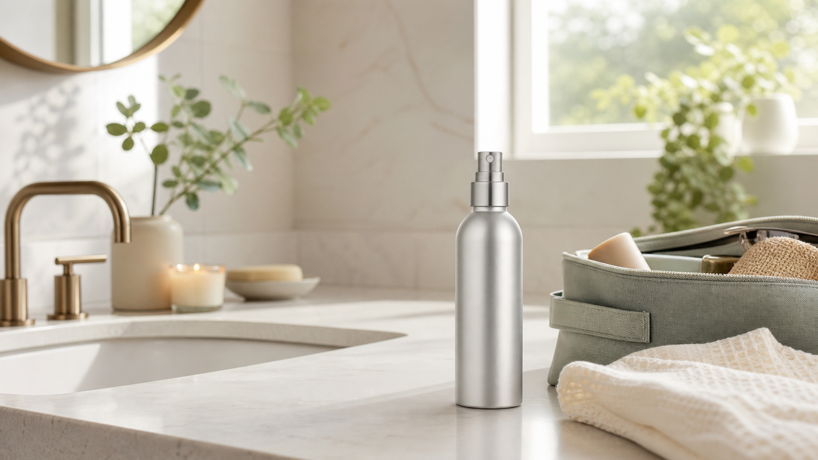 Vagisil Odor Block Dry Wash Spray beside a soft towel and wellness essentials