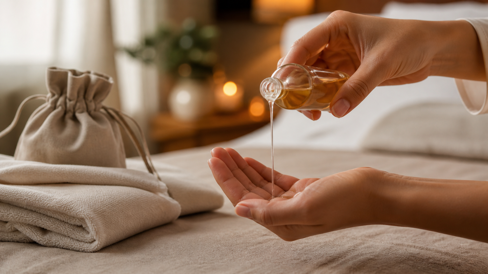 Handcraft Blends Fractionated Coconut Oil beside folded towels in warm light