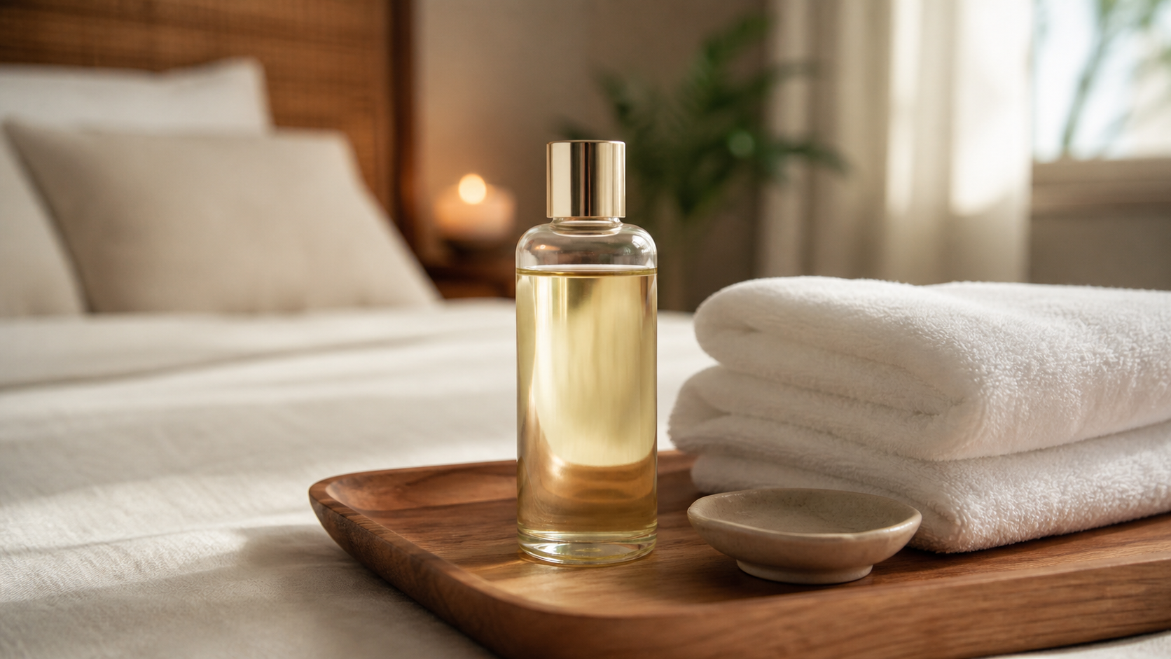 Handcraft Blends Fractionated Coconut Oil in a calm massage tray scene